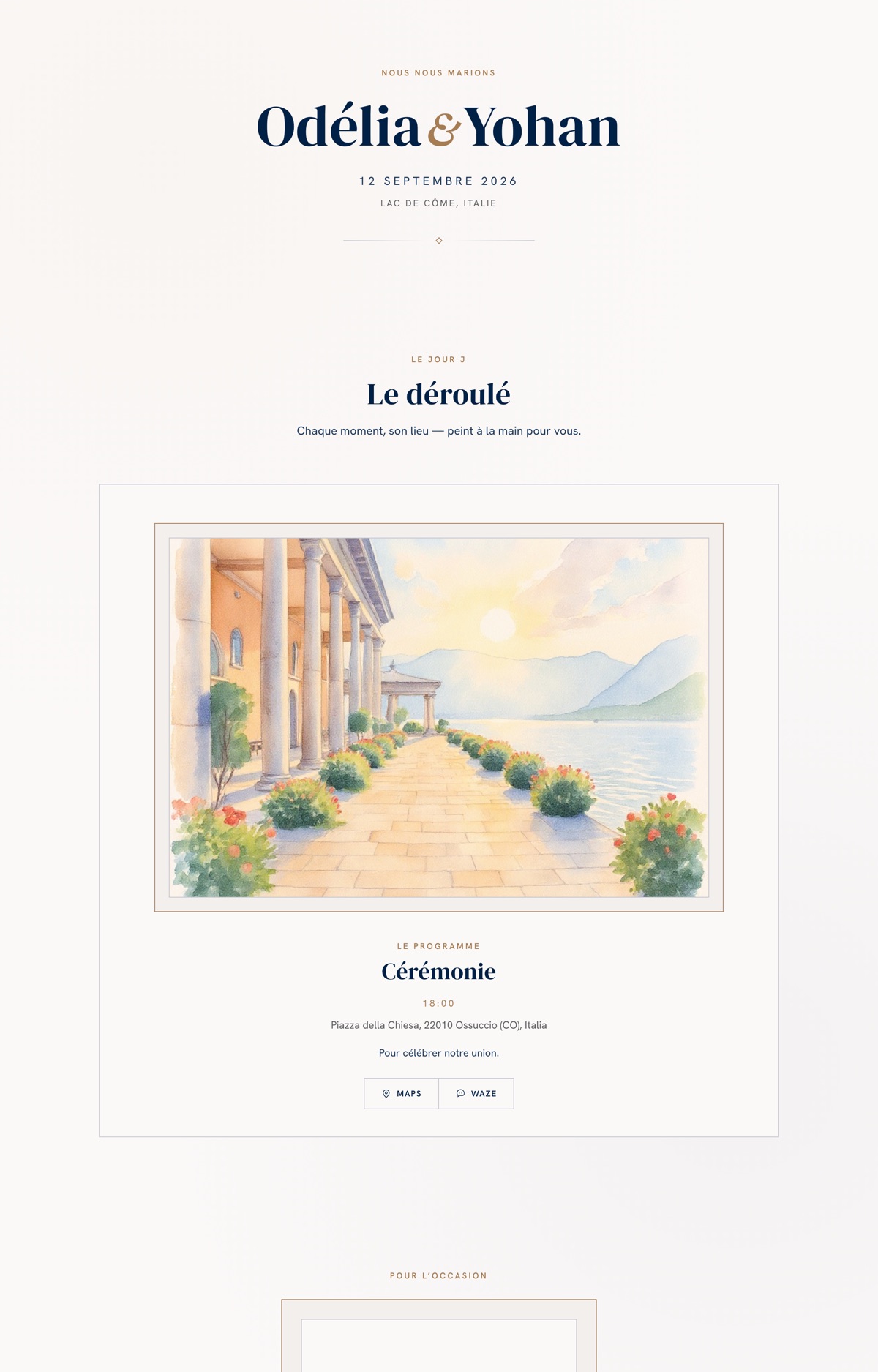 Page d'accueil d'un site de mariage : aquarelle du lieu de réception, prénoms des mariés et date, en navy et bronze.
